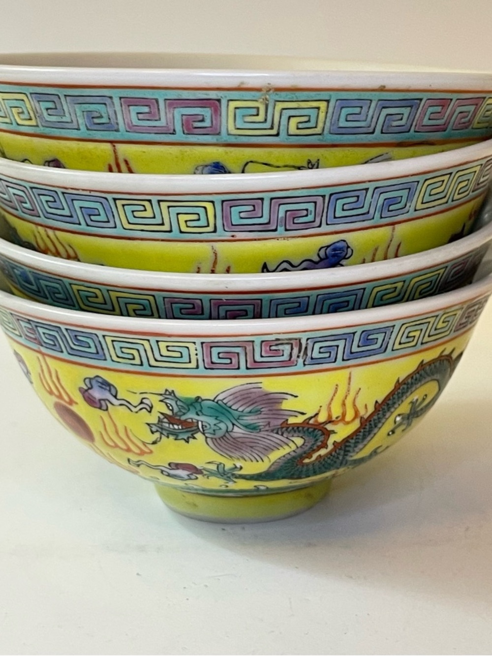 Set of 4 Vintage Chinese Porcelain Small Bowls Yellow Ground Dragon Motifs